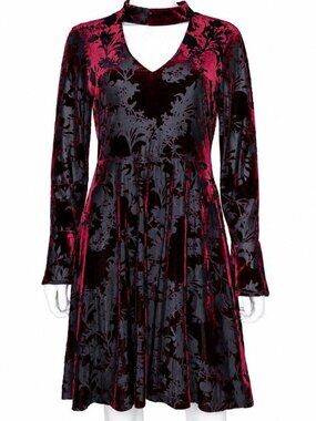 Ivanka Trump Size 10 Burgundy Velvet Floral Burnout Dress Choker Neck Fit Flare
